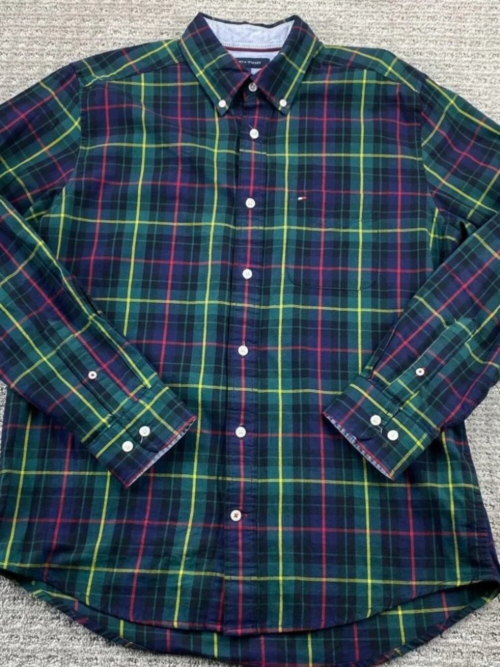 Tommy Hilfiger Shirt Men Medium Green Multicolor Plaid Button Down